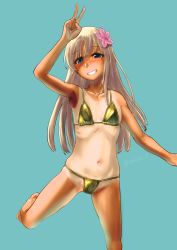 Rule 34 | 1girl, barefoot, bikini, blonde hair, blue background, blue eyes, collarbone, commentary request, cowboy shot, flat chest, flower, gold bikini, grin, hair flower, hair ornament, highres, kantai collection, mrdotd, navel, one-piece tan, ribs, ro-500 (kancolle), smile, solo, standing, standing on one leg, tan, tanline, v