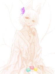 Rule 34 | 1girl, animal ears, bug, butterfly, female focus, fox ears, hand on own chest, bug, mashiko hiromi, monochrome, open clothes, open mouth, open shirt, shirt, short hair, sleeves past wrists, solo, spot color, tail, touhou, white background, yakumo ran