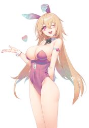 Rule 34 | 1girl, absurdres, animal ears, armlet, bare shoulders, black survival, blonde hair, blush, bow, bowtie, breasts, bursting breasts, cleavage, covered navel, crossed bangs, detached collar, eternal return: black survival, eva (black survival), fake animal ears, fake tail, hair between eyes, highleg, highleg leotard, highres, hop3, id card, lanyard, large breasts, leotard, long hair, looking at viewer, nail polish, one eye closed, open mouth, pink eyes, pink leotard, playboy bunny, rabbit ears, rabbit tail, simple background, smile, solo, standing, strapless, strapless leotard, tail, traditional bowtie, very long hair, white background, wrist cuffs