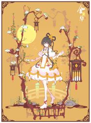 Rule 34 | 1girl, absurdres, ankle boots, bird, black hair, boots, border, closed mouth, commentary request, dress, flower, gloves, green eyes, hair flower, hair ornament, hair rings, hair tubes, hand up, highres, ideolo, lantern, long hair, looking at viewer, luo tianyi, musical note, musical note print, no nose, orange background, petticoat, puffy short sleeves, puffy sleeves, rock, short sleeves, sidelocks, smile, solo, standing, tassel, tree, vocaloid, vsinger, white dress, white footwear, white gloves