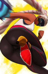 Rule 34 | 1girl, absurdres, arms (game), ass, bare shoulders, black pants, blue eyes, breasts, dark-skinned female, dark skin, domino mask, drill hair, high heels, highres, hip focus, lipstick, long hair, makeup, mask, naavs, pants, pink hair, sleeveless, solo, thighs, twintails, twintelle (arms), very long hair, white hair, wide hips