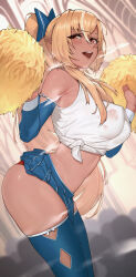 Rule 34 | 1girl, absurdres, alternate costume, armpit crease, blonde hair, blue bow, blue skirt, blue thighhighs, blush, bow, breasts, cheerleader, clothes lift, cowboy shot, dark-skinned female, dark skin, detached sleeves, from side, hair between eyes, hair bow, highres, holding, holding pom poms, hololive, large breasts, leaning forward, long hair, looking at viewer, midriff, miniskirt, multicolored hair, open mouth, orange eyes, panties, panty peek, pleated skirt, pom pom (cheerleading), pom poms, ponytail, rat huang, red panties, shiranui flare, shirt, sidelocks, simple background, skirt, skirt lift, sleeveless, sleeveless shirt, solo, standing, streaked hair, sweat, thighhighs, thighs, tied shirt, two-tone hair, underwear, virtual youtuber, wet, wet clothes, wet shirt, white background, white hair, white shirt