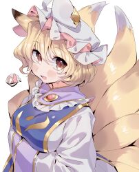 Rule 34 | 1girl, animal ears, blonde hair, blush, dress, fang, fox ears, fox tail, hair between eyes, hands in opposite sleeves, hat, highres, masanaga (tsukasa), mob cap, multiple tails, open mouth, short hair, simple background, solo, tabard, tail, touhou, upper body, white background, white dress, white hat, wide sleeves, yakumo ran, yellow eyes