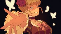 Rule 34 | 1girl, beatrice (umineko), black background, black dress, blonde hair, blue eyes, blurry, blurry background, bow, bowtie, braid, breasts, bug, butterfly, collar, collarbone, dress, empty eyes, evil smile, french braid, frills, highres, insect, large breasts, looking at viewer, outstretched hand, pink nails, pov, reaching, reaching towards viewer, red bow, red bowtie, shaded face, sidelocks, smile, solo, teeth, tonogai yoshiki, umineko no naku koro ni