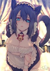 Rule 34 | 1girl, animal ear fluff, animal ears, apron, arm grab, backlighting, bell, black dress, black hair, black hairband, blue eyes, blurry, blurry background, blush, breasts, cat ears, cat girl, cat tail, chita (ketchup), cleavage, commentary request, depth of field, dress, frilled apron, frilled hairband, frills, hair between eyes, hairband, highres, jingle bell, large breasts, leaning forward, long hair, looking at viewer, maid, mole, mole on breast, original, parted lips, red neckwear, short sleeves, signature, skindentation, solo, tail, thighhighs, white apron, white thighhighs, wrist cuffs