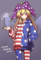 Rule 34 | 1girl, adapted costume, american flag hoodie, american flag legwear, artist name, blonde hair, blue nails, character name, cigarette, clownpiece, highres, holding, holding cigarette, long hair, looking at viewer, purple background, red eyes, shitacemayo, smoking, solo, touhou