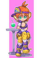 Rule 34 | 1girl, absurdres, animal ears, breasts, breath of fire, breath of fire ii, bustier, cat ears, cat tail, closed mouth, crossed legs, crossover, facial mark, fingerless gloves, full body, gloves, green eyes, highres, looking at viewer, medium breasts, okera, orange hair, pointy ears, rinpoo chuan, shoes, short hair, sitting, smile, sneakers, solo, tail, visor cap