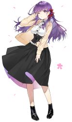 Rule 34 | 1girl, absurdres, adjusting hair, ankle boots, black footwear, boots, breasts, collared shirt, commentary request, dress, fate/stay night, fate (series), full body, hair ribbon, highres, jacket, kou mashiro, large breasts, long hair, matou sakura, one eye closed, purple eyes, purple hair, red ribbon, ribbon, shirt, simple background, solo, white background, wind, wind lift