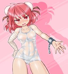Rule 34 | 1girl, bandaged arm, blush, breasts, cleavage, collarbone, cuffs, d:, d:&lt;, double bun, hand on own hip, ibaraki kasen, jitome, medium breasts, one-piece swimsuit, pink eyes, pink hair, school swimsuit, shackles, solo, swimsuit, touhou, v-shaped eyebrows, white school swimsuit, white one-piece swimsuit, winn