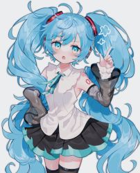 Rule 34 | 1girl, aqua ribbon, armpit crease, black skirt, black thighhighs, blue eyes, blue hair, collared shirt, detached sleeves, fuinagi (huyuu mm), grey background, hair ornament, hand on own hip, hand up, hatsune miku, hatsune miku (nt), highres, index finger raised, layered sleeves, light blue hair, long hair, miniskirt, neck ribbon, open mouth, pleated skirt, ribbon, ring hair ornament, see-through, see-through sleeves, shirt, shoulder tattoo, simple background, skirt, sleeveless, sleeveless shirt, solo, tattoo, thighhighs, twintails, very long hair, vocaloid, white shirt, wing collar, zettai ryouiki