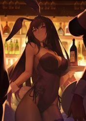 Rule 34 | 2girls, absurdres, animal ears, bad id, bad pixiv id, bar (place), bare shoulders, black hair, black legwear, bottle, breasts, cleavage, closed mouth, cup, drinking glass, fake animal ears, fake tail, fate/grand order, fate (series), fishnet pantyhose, fishnets, hair between eyes, highres, holding, holding tray, large breasts, leotard, long hair, looking at viewer, multiple girls, official alternate costume, pantyhose, playboy bunny, purple eyes, purple hair, purple leotard, rabbit ears, rabbit tail, reroi, scathach (fate), scathach (piercing bunny) (fate), sidelocks, smile, solo focus, tail, thighs, tray, very long hair, wine bottle, wine glass, wrist cuffs