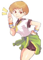 Rule 34 | 1girl, black skirt, brown eyes, brown hair, clothes around waist, from side, green jacket, hair behind ear, inkerton-kun, jacket, jacket around waist, leaning forward, looking to the side, open hand, persona, persona 4, sailor collar, satonaka chie, school uniform, serafuku, short hair, skirt, smile, solo, white background, wristband