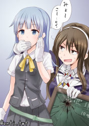 Rule 34 | 10s, 2girls, anti (untea9), ashigara (kancolle), blue eyes, blue hair, blush, brown eyes, brown hair, bullet hole, chalkboard, covering own mouth, crack, furrowed brow, gloves, gradient background, hair ornament, hairband, hatsukaze (kancolle), highres, kantai collection, long hair, multiple girls, open mouth, remodel (kantai collection), school uniform, simple background, skirt, smoke, sweat, translated, twitter username, vest, wavy hair, white gloves