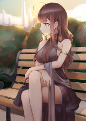 Rule 34 | 1girl, ahoge, arm support, armlet, backlighting, bag, black dress, blunt bangs, blush, breasts, brown hair, casual, choker, cleavage, closed mouth, crossed legs, dress, dsr-50 (girls&#039; frontline), dsr-50 (highest bid) (girls&#039; frontline), earrings, evening, gem, girls&#039; frontline, hair ornament, hair over shoulder, highres, holding, holding bag, jewelry, large breasts, liu lan, long hair, looking away, necklace, no bra, official alternate costume, outdoors, pendant, red eyes, red gemstone, see-through, sidelocks, sitting, skindentation, smile, solo, thighs, very long hair