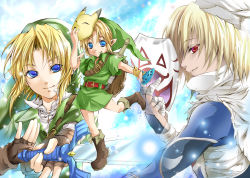 Rule 34 | 1girl, 2boys, androgynous, bandages, blonde hair, blue eyes, boots, cloud, deku shield, dual persona, fingerless gloves, fox mask, gloves, holding, holding sword, holding weapon, iwaki saori, link, mask, master sword, multiple boys, nintendo, pointy ears, princess zelda, red eyes, reverse trap, sheik, shield, shield on back, sky, sword, the legend of zelda, the legend of zelda: ocarina of time, tunic, turban, weapon, wooden shield, young link