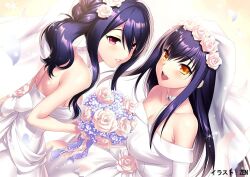 Rule 34 | 2girls, :d, alternate costume, artist name, back, bare shoulders, black hair, blush, bouquet, breasts, bridal gauntlets, cleavage, collarbone, company connection, crossover, dress, dutch angle, eyelashes, floating hair, flower, hair between eyes, hair flower, hair ornament, holding, holding bouquet, izanami kyouko, kamisama ni natta hi, key (company), kushima kamome, large breasts, lips, long hair, look-alike, looking at viewer, multiple girls, open mouth, pink eyes, pink flower, pink rose, rose, round teeth, sidelocks, simple background, skull ornament, smile, sparkle, straight hair, strapless, strapless dress, summer pockets, teeth, third-party source, upper body, upper teeth only, very long hair, wavy hair, wedding dress, white background, white dress, yellow eyes, zen (kamuro)