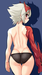 Rule 34 | 1girl, ass, bare shoulders, blush, cougar (cougar1404), dragon: marked for death, empress (dmfd), from behind, multicolored hair, panties, platinum blonde hair, red eyes, red hair, shadow, shiny clothes, shiny skin, short hair, silver hair, solo, underwear, underwear only