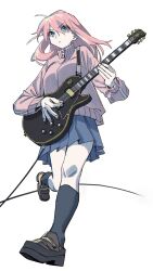 Rule 34 | 1girl, blue eyes, blue skirt, bocchi the rock!, chorohanage, electric guitar, gotoh hitori, guitar, highres, holding, holding instrument, instrument, jacket, long hair, long sleeves, music, pink hair, pink jacket, playing instrument, skirt, solo, track jacket, white background