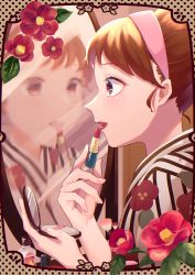 Rule 34 | 1girl, absurdres, bad id, bad pixiv id, blush, border, brown eyes, brown hair, camellia, compact (cosmetics), cosmetics, flower, hairband, highres, lipstick, lipstick tube, looking at mirror, makeup, meronnpannpi, mirror, original, pink hairband, solo, upper body