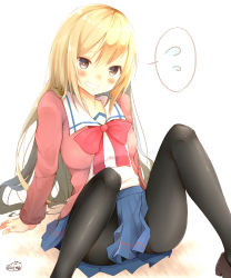 Rule 34 | 1girl, arm support, black pantyhose, blonde hair, blue skirt, blush, bow, bowtie, breasts, brown eyes, brown footwear, cardigan, chita (ketchup), female focus, flying sweatdrops, grin, head tilt, highres, loafers, long hair, long sleeves, medium breasts, open cardigan, open clothes, original, pantyhose, red bow, red bowtie, school uniform, serafuku, shoes, sitting, skirt, smile, solo, spoken flying sweatdrops, spoken sweatdrop, sweatdrop, twitter username, very long hair, white background