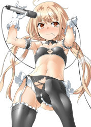 Rule 34 | 10s, 1girl, arm garter, armpits, arms up, bad id, bad pixiv id, bandeau, black bra, black panties, blonde hair, blush, bra, brown eyes, child, choker, cleavage cutout, clothing cutout, flat chest, futaba anzu, garter belt, gloves, idolmaster, idolmaster cinderella girls, lace, lace bra, long hair, microphone, mouth hold, navel, orochi itto, panties, solo, stomach, thighhighs, twintails, underwear, underwear only