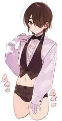 Rule 34 | 1boy, androgynous, black bow, black bowtie, black shorts, black vest, blush, bow, bowtie, brown hair, closed mouth, cropped jacket, gloves, hair over one eye, heart, highres, male focus, midriff, mobu 45, navel, original, purple eyes, shirt, short shorts, shorts, simple background, solo, sweat, vest, white background, white gloves, white shirt