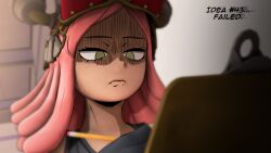 Rule 34 | 1girl, alternate eye color, annoyed, black gloves, boku no hero academia, english text, frown, gloves, goggles, goggles on head, greatm8, green eyes, hatsume mei, highres, holding, holding notebook, holding pen, medium hair, notebook, numbered, pen, pink hair, portrait, rejection, shaded face, solo, writing