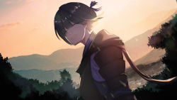 Rule 34 | :d, absurdres, arm at side, black hair, bush, cloud, dutch angle, closed eyes, facing viewer, highres, inna the queen of the ruined country, open mouth, outdoors, pixiv fantasia, pixiv fantasia last saga, short hair, smile, solo, sunset