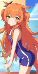 1girl animal_ears blue_one-piece_swimsuit bow breasts brown_ribbon ear_ribbon highres horse_ears horse_girl horse_tail inuyama_nanami long_hair looking_at_viewer mayano_top_gun_(umamusume) one-piece_swimsuit orange_hair pool ribbon small_breasts smile solo swimsuit tail two_side_up umamusume water wet wet_clothes wet_swimsuit