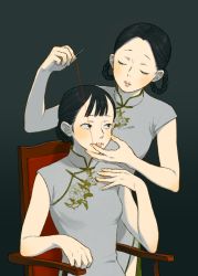 Rule 34 | 2girls, black eyes, black hair, chair, china dress, chinese clothes, dress, closed eyes, hair bun, hair rings, hand on another&#039;s face, looking at another, multiple girls, needle, original, sewing, sewing needle, shokugyo, single hair bun, sitting, thread