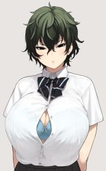 Rule 34 | 1girl, accio, arms behind back, black eyes, black skirt, blue bra, bow, bowtie, bra, bra visible through clothes, breasts, bursting breasts, cleavage, collared shirt, commentary, dress shirt, green hair, hair between eyes, hands in pockets, highres, huge breasts, looking at viewer, mole, mole under eye, no pupils, open clothes, open shirt, original, parted lips, pleated skirt, see-through, shirt, short hair, short sleeves, simple background, skirt, solo, striped bow, striped bowtie, striped clothes, striped neckwear, sweatdrop, tsurime, unbuttoned, unbuttoned shirt, underwear, upper body, white background, white shirt