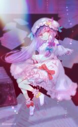 Rule 34 | 1girl, amo (shibu3), aqua bow, book, bow, closed mouth, crescent, crescent hat ornament, crying, crying with eyes open, dress, frilled dress, frilled sleeves, frills, full body, hair bow, hat, hat ornament, highres, holding, holding book, long hair, long sleeves, mob cap, paper, patchouli knowledge, purple eyes, purple hair, red bow, socks, solo, tears, touhou, twitter username, white dress, white hat, white socks, yellow bow