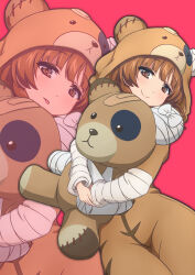 1girl animal_costume bear_costume boko_(girls_und_panzer) boko_(girls_und_panzer)_(cosplay) brown_eyes brown_hair closed_mouth commentary cosplay ehirorotoon girls_und_panzer half-closed_eyes highres holding holding_stuffed_toy long_sleeves looking_at_viewer nishizumi_miho open_mouth red_background short_hair simple_background smile solo stuffed_animal stuffed_toy teddy_bear zoom_layer