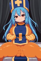 Rule 34 | 1girl, absurdres, blue hair, blue hat, blue tabard, blush, bodysuit, breasts, closed mouth, commentary request, dragon quest, dragon quest iii, gloves, hair between eyes, hat, highres, large breasts, lifting own clothes, long hair, looking at viewer, orange bodysuit, orange gloves, priest (dq3), red eyes, sitting, smile, solo, spread legs, tabard, tabard lift, thick thighs, thighs, zankuro