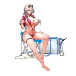 Rule 34 | 1girl, bag, barefoot, bikini, blush, breasts, chair, collarbone, cropped jacket, cuffs, eyes visible through hair, eyewear on head, feet, game cg, grey hair, grin, groin, hair between eyes, hair over one eye, handcuffs, highres, huge breasts, impet (last origin), last origin, leg tattoo, legs, linea alba, missile, navel, official alternate costume, official art, one-piece swimsuit, ponytail, red bikini, red eyes, rope, sima (startwitch), sitting, skindentation, smile, solo, sunglasses, swimsuit, tachi-e, tattoo, thick thighs, thigh strap, thighs, transparent background, underboob, weapon, y-string