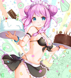 Rule 34 | 1girl, bikini, blue eyes, blush, bracelet, breasts, cake, candle, cleavage, double bun, food, fork, hair bun, headdress, holding, holding plate, jewelry, large breasts, looking at viewer, maid, maid bikini, maid headdress, na53, navel, original, pink hair, plate, short hair, smile, solo, spoon, swimsuit, tongue, tongue out, unconventional maid