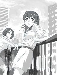 Rule 34 | 2girls, :&lt;, against railing, bad drawr id, bad id, belt, building, character request, closed mouth, cloud, copyright request, francine (daijaemon), greyscale, leaning, long hair, looking at viewer, monochrome, multiple girls, oekaki, outdoors, parted lips, pencil skirt, railing, shirt, short hair, short sleeves, skirt, sky, skyscraper, standing