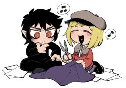 Rule 34 | 2boys, black hair, blonde hair, bow, bowtie, chibi, chiyo (shuten dj), closed eyes, damien thorn, fabric, fang, fang out, hand on own chin, hat, heart, heart in mouth, holding, holding scissors, indian style, kneeling, male focus, multiple boys, musical note, open mouth, paper, phillip pirrup, red eyes, ringed eyes, scissors, short hair, sitting, smile, socks, south park, spoken musical note