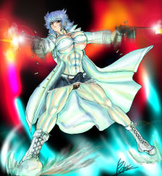 Rule 34 | 1futa, abs, blue hair, breasts, bulge, erection, erection under clothes, full body, futanari, gun, huge breasts, looking at viewer, penis, rebis, solo, weapon