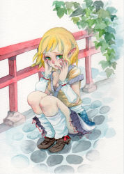 1girl arm_warmers bad_id bad_pixiv_id blonde_hair breasts cleavage female_focus full_body green_eyes hands_on_own_face leaf leg_warmers mizuhashi_parsee off_shoulder open_mouth painting_(medium) pinkxxxna pointy_ears shoes short_hair sitting skirt solo tears touhou traditional_media watercolor_(medium)