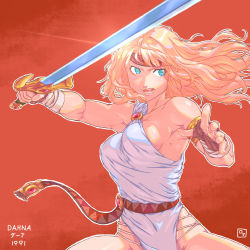 Rule 34 | 1girl, armband, blonde hair, blue eyes, breasts, character name, dahna: megami tanjou, dahna (dahna: megami tanjou), fighting stance, fingerless gloves, gloves, groin, headband, highres, holding, holding sword, holding weapon, igs, medium breasts, red background, roma no fuhiga, sideboob, signature, solo, sword, toga, toned, upper body, weapon