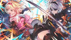 Rule 34 | 2b (nier:automata), 2girls, black blindfold, black dress, black gloves, black hairband, black thighhighs, blindfold, blonde hair, boots, breasts, brown eyes, cleavage, clothing cutout, commentary request, covered eyes, crossover, djeeta (granblue fantasy), dress, feather-trimmed sleeves, fighting stance, gauntlets, gloves, granblue fantasy, granblue fantasy versus: rising, hairband, highres, holding, holding sword, holding weapon, juliet sleeves, long sleeves, medium breasts, minaba hideo, mole, mole under mouth, multiple girls, nier:automata, nier (series), official art, open mouth, parted lips, pink dress, pink hairband, puffy sleeves, short hair, sword, thighhighs, thighhighs under boots, virtuous contract, weapon, white hair