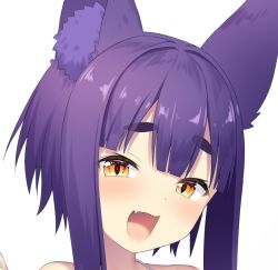 Rule 34 | 1girl, :d, animal ears, bare shoulders, blush, brown eyes, character request, fang, fox ears, head tilt, long hair, looking at viewer, mashima (sumachi), open mouth, otogi frontier, portrait, purple hair, sidelocks, simple background, smile, solo, thick eyebrows, white background