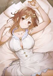 Rule 34 | atelier (series), atelier ryza, atelier ryza 3, breasts, brown eyes, brown hair, cleavage, clover hair ornament, dress, expressionless, hair ornament, hairclip, head tilt, highres, large breasts, looking at viewer, lying, non-web source, official art, on back, on bed, photoshop (medium), pill, reisalin stout, short hair, strap slip, toridamono, white dress, x hair ornament