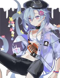 Rule 34 | 1boy, absurdres, arknights, arm support, beret, black background, black hat, black pants, blue hair, blue jacket, bracelet, capri pants, dripping, fanny pack, feet out of frame, flower, flower necklace, frown, gradient background, haobuguniao, hat, highres, infection monitor (arknights), jacket, jellyfish hair ornament, jewelry, lei, letterboxed, light blue hair, long sleeves, looking down, male focus, midriff, mizuki (arknights), mizuki (summer feast) (arknights), necklace, official alternate costume, open clothes, open jacket, pants, pink eyes, shirt, solo, spread legs, striped clothes, striped shirt, tentacles, white shirt