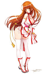 Rule 34 | 1girl, arched back, arm guards, blush, breasts, brown eyes, choker, cleavage, dead or alive, elbow gloves, fingerless gloves, gloves, kasumi (doa), large breasts, leaning forward, legs, long hair, long legs, mouth hold, ooyari ashito, orange hair, pelvic curtain, pigeon-toed, shin guards, solo, tecmo, thighhighs, thighs, white gloves, white thighhighs