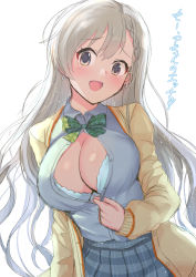 Rule 34 | 1girl, :d, blue bra, blush, bow, bowtie, bra, braid, breasts, brown cardigan, brown eyes, cardigan, cleavage, collared shirt, earrings, green bow, green bowtie, grey shirt, grey skirt, head tilt, hisakawa hayate, idolmaster, idolmaster cinderella girls, jewelry, large breasts, long sleeves, open cardigan, open clothes, open mouth, open shirt, partially unbuttoned, plaid, plaid bow, plaid bowtie, plaid neckwear, plaid skirt, pleated skirt, school uniform, shirt, silver hair, simple background, skirt, smile, solo, sousakubito, translation request, underwear, white background