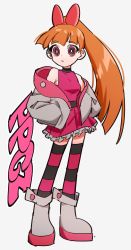 Rule 34 | 1girl, :o, absurdres, akazutsumi momoko, copyright name, hands in pockets, highres, hyow, long hair, looking to the side, orange hair, ponytail, powerpuff girls z, red eyes, solo, thighhighs
