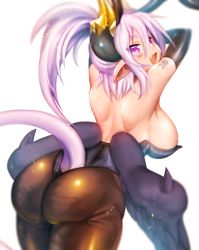 Rule 34 | 1girl, bare back, bare shoulders, breasts, elbow gloves, eteru (mofuaki), fang, gloves, large breasts, long hair, looking at viewer, looking back, low wings, mofuaki, original, pantyhose, pink eyes, pink hair, pointy ears, rabbit tattoo, simple background, smile, solo, white background, wings