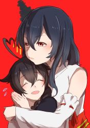 Rule 34 | 10s, 2girls, ahoge, bad id, bad twitter id, black hair, blush, closed eyes, commentary request, detached sleeves, hair between eyes, hair flaps, head rest, heart, heart ahoge, hug, hug from behind, kantai collection, multiple girls, nontraditional miko, open mouth, red background, red eyes, ribbon-trimmed sleeves, ribbon trim, shigure (kancolle), short hair, tachikoma (mousou teikoku), yamashiro (kancolle)